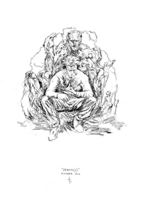 a black and white drawing of a man sitting on a rock