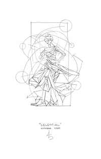 a black and white drawing of a woman in a dress
