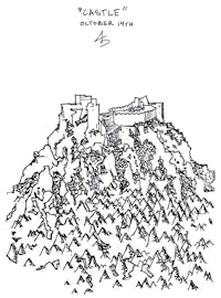 a drawing of a castle on top of a mountain