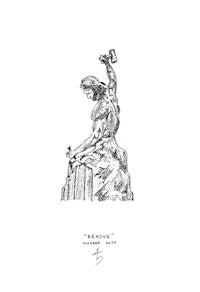 a black and white drawing of a woman holding a hammer