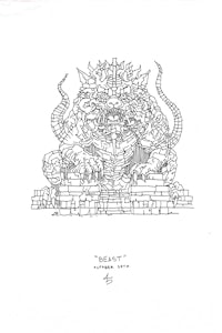 a drawing of a dragon on top of a stone wall